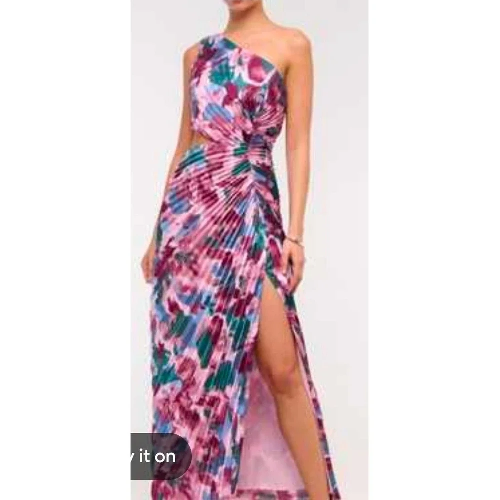 Abercrombie & Fitch One Shoulder Pleated Maxi Dress Pink Floral Cutout Event XXS